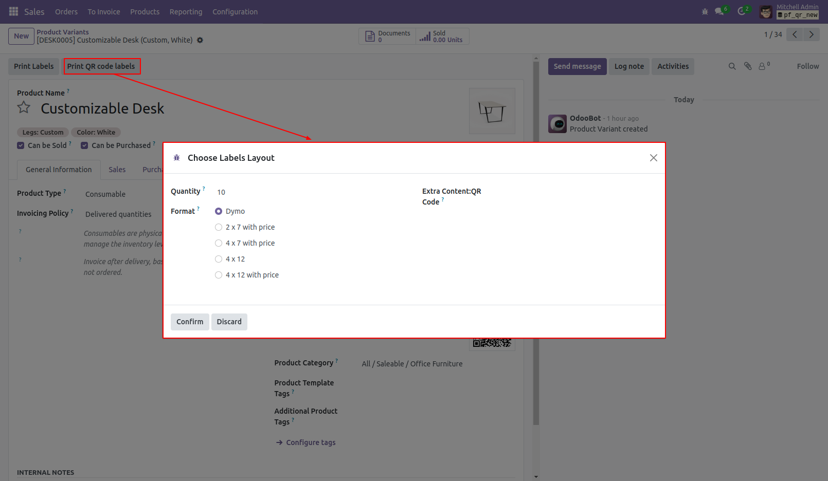 10. Press the 'Print QR Code Labels' button to generate labels of selected quantity and layout.