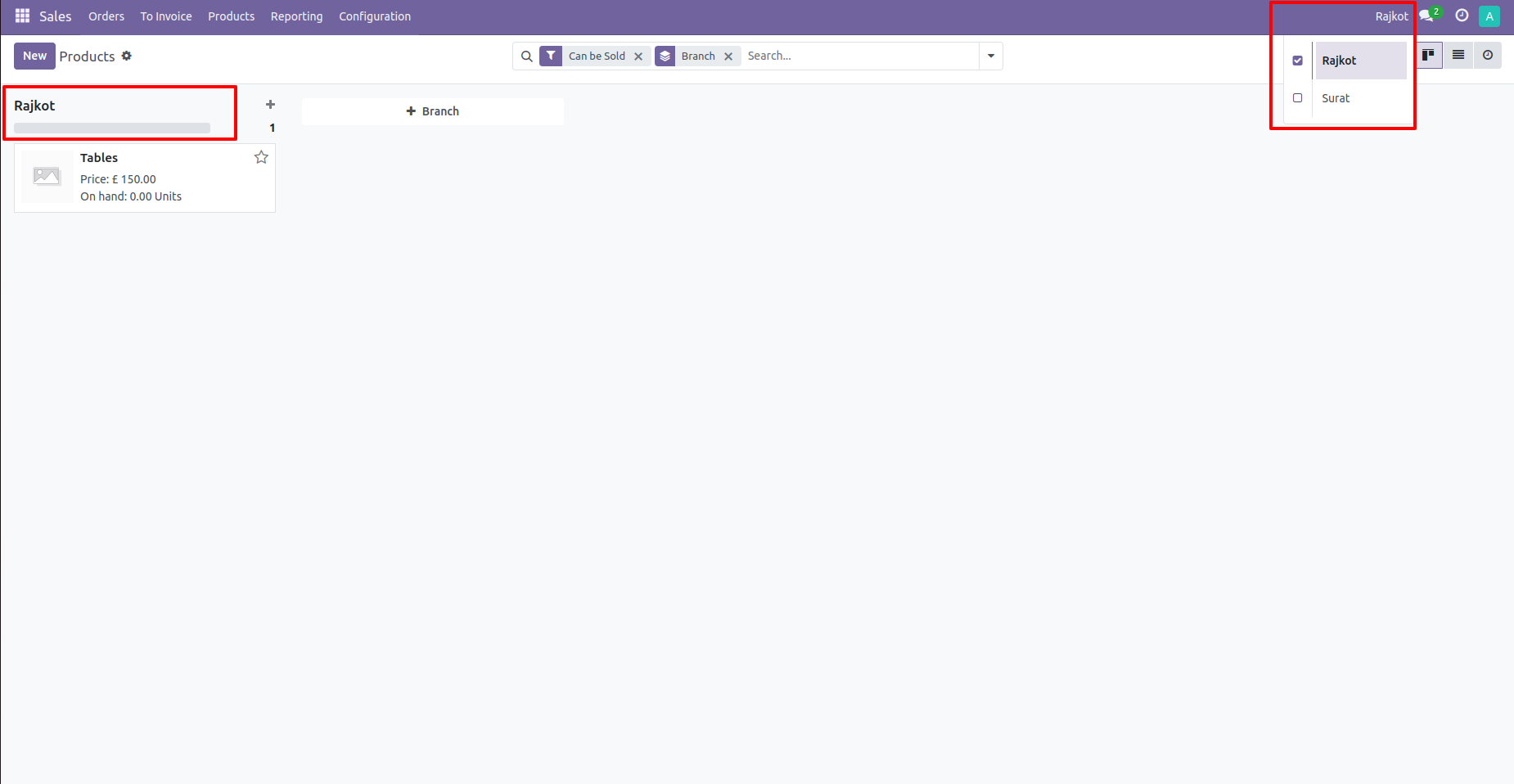 10. Only the chosen Branch product will be displayed. 