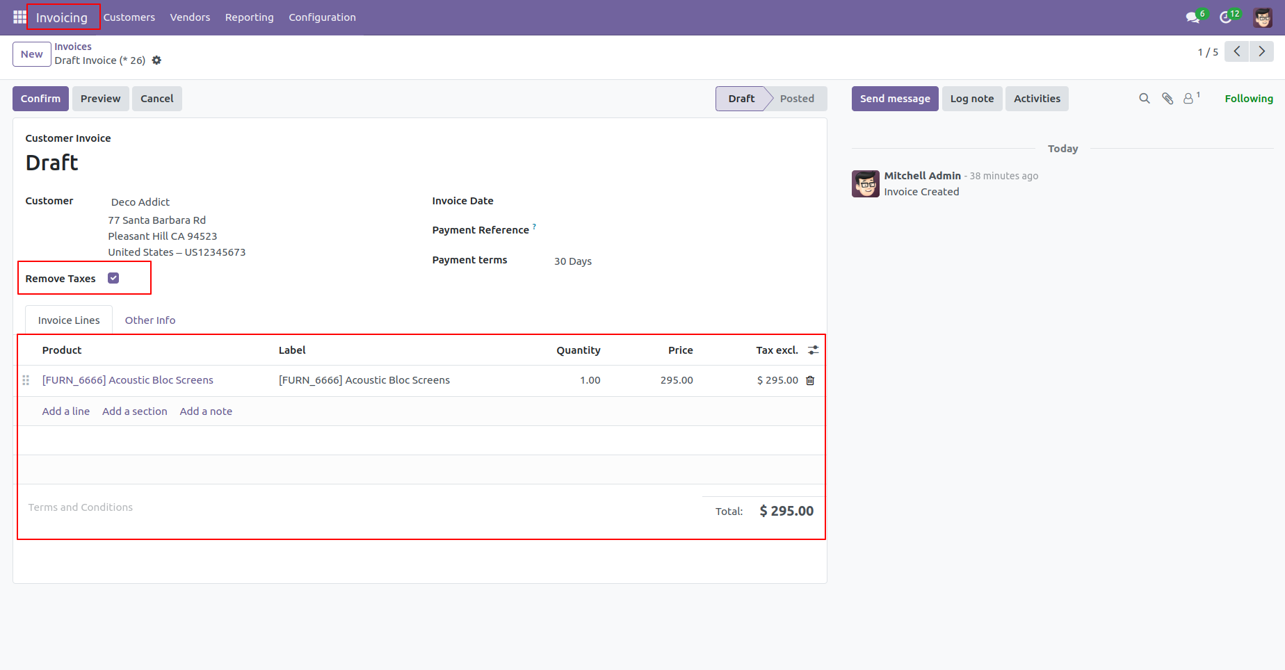 10. If "Remove Taxes Invoices/Bills" is set to True, tax fields will be invisible inside the form. If set to False, tax fields will be visible, allowing you to set taxes separately.