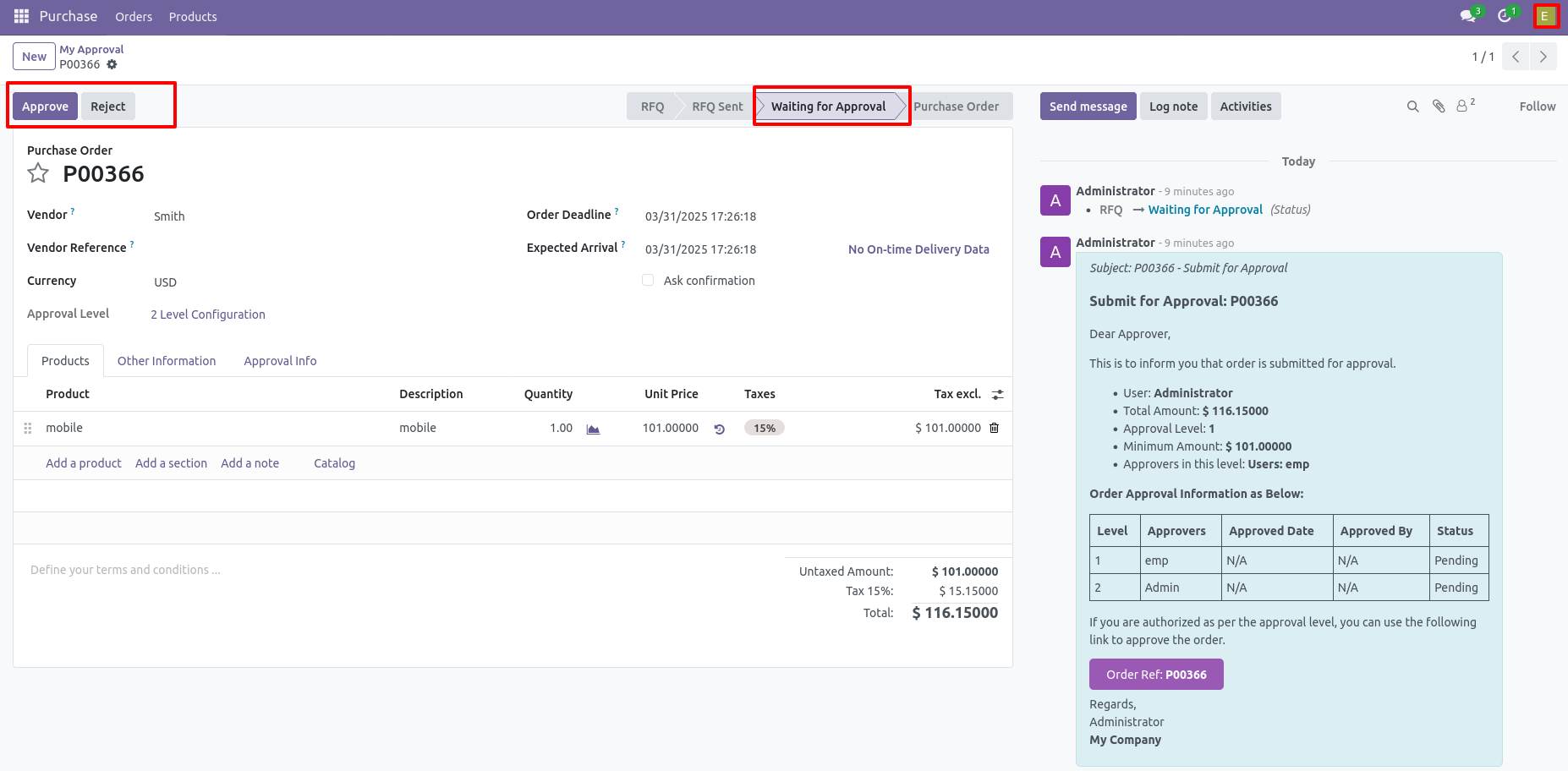 10.There are 2 approvers the first approver approves the RFQ.