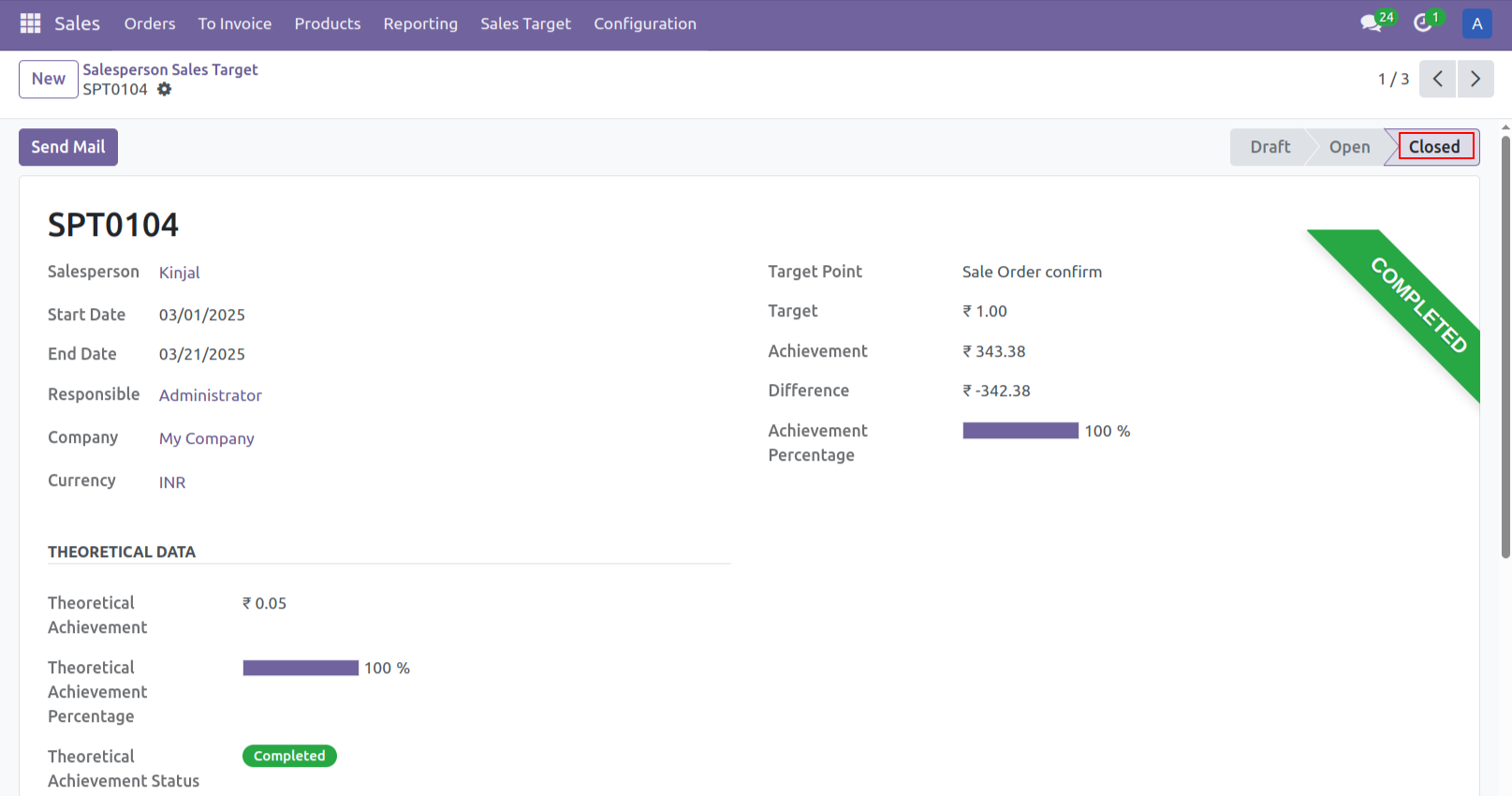 12. Once manager close the sales target, state will be change to Close and salesperson get the email notification.
