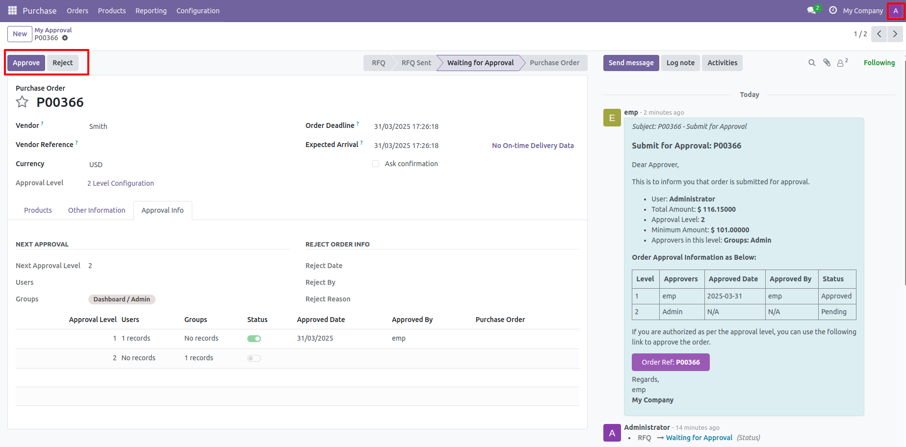 12. Now the second approver approves the RFQ.