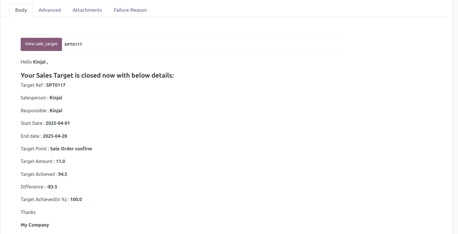 Sales Target Management Odoo application