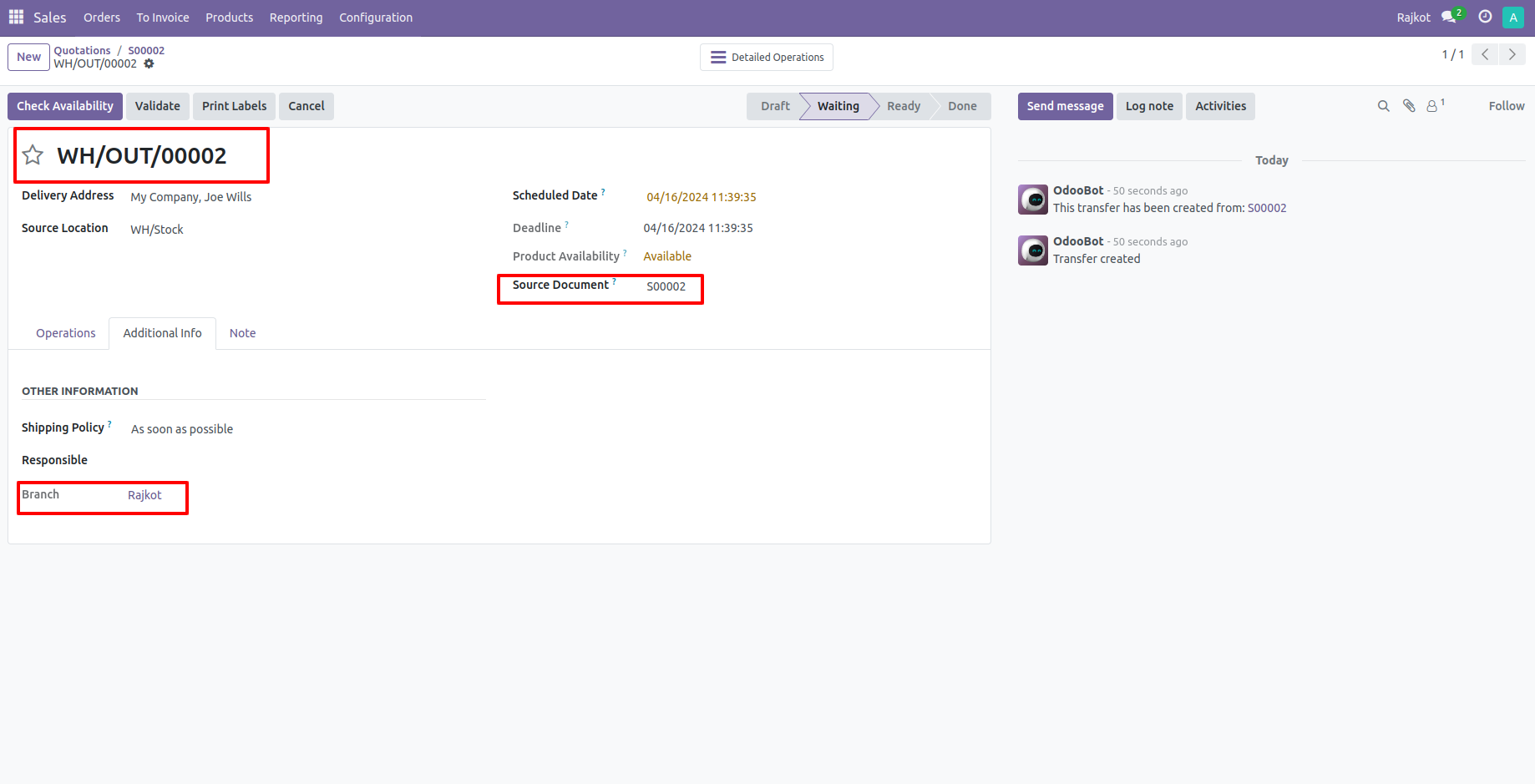 14. Delivery Order Created Same as Sale Order Branch. 