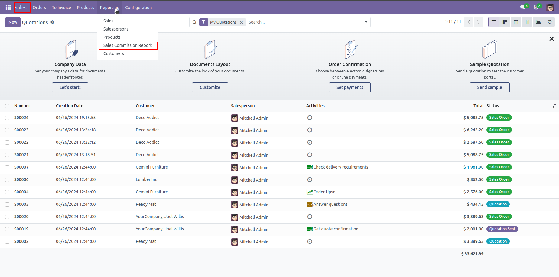 14. In Sales Order Configuration Click on the Reporting menu and click the Sales Commission Report Submenu. 