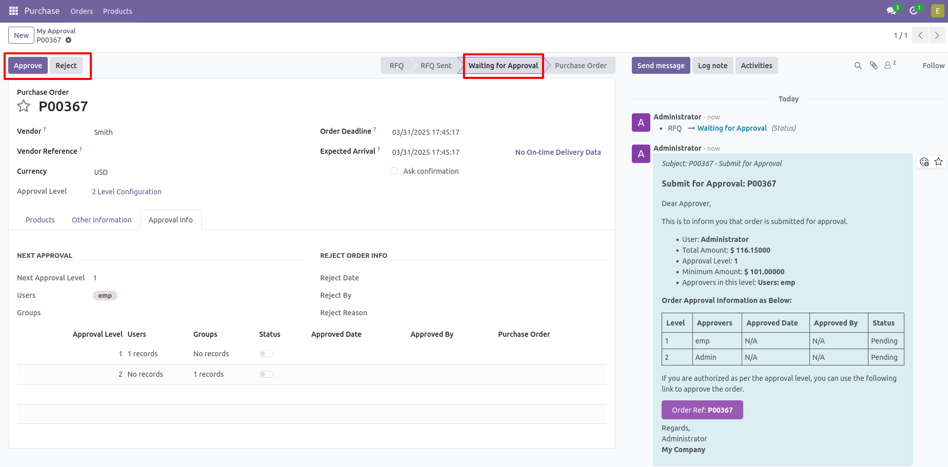 14. There are 2 approvers If the first approver rejects the RFQ that means that RFQ will be canceled no more second approver is needed