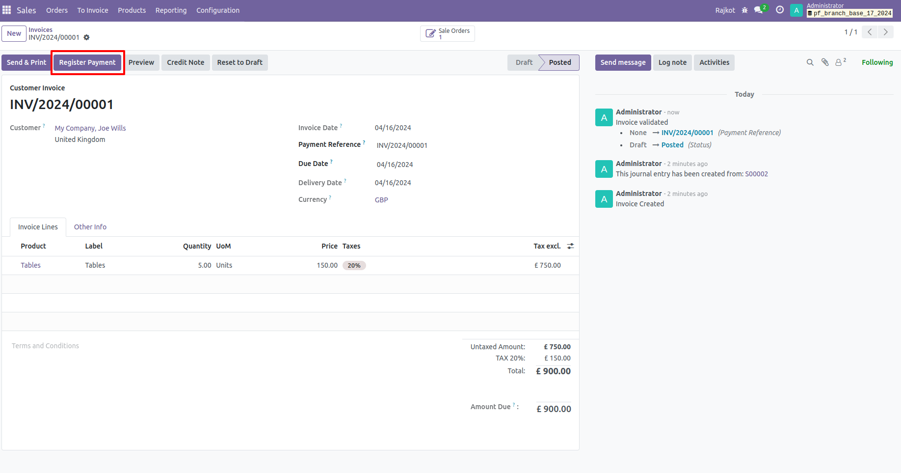 17. The same sale order branch is used to build the invoice. 