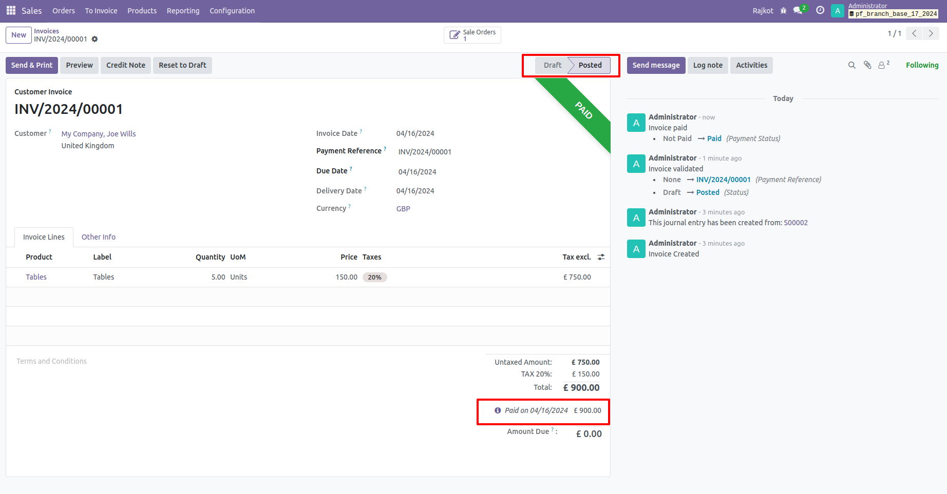 19. Selected branch invoice has been paid. 