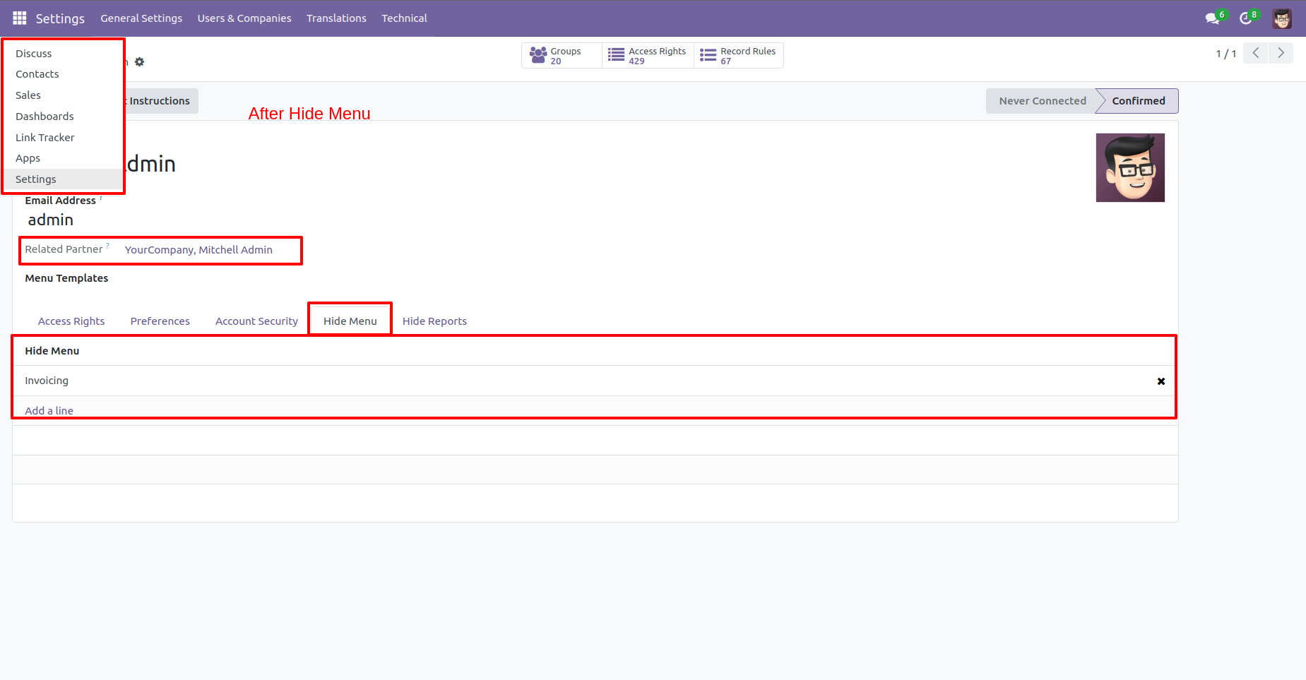 2. Users will notice that selected menus are no longer visible.