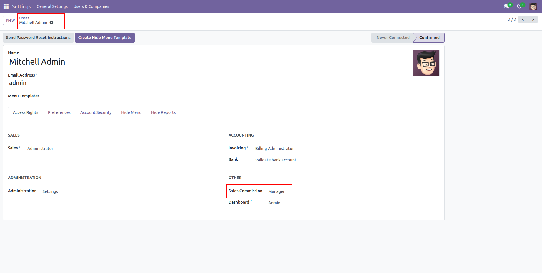 2. Give the Rights of Sales Commission manager.
