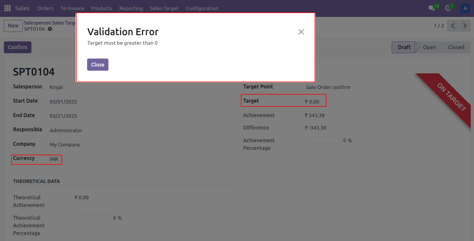2. Validation... Target amount should be greater than 0(Zero).