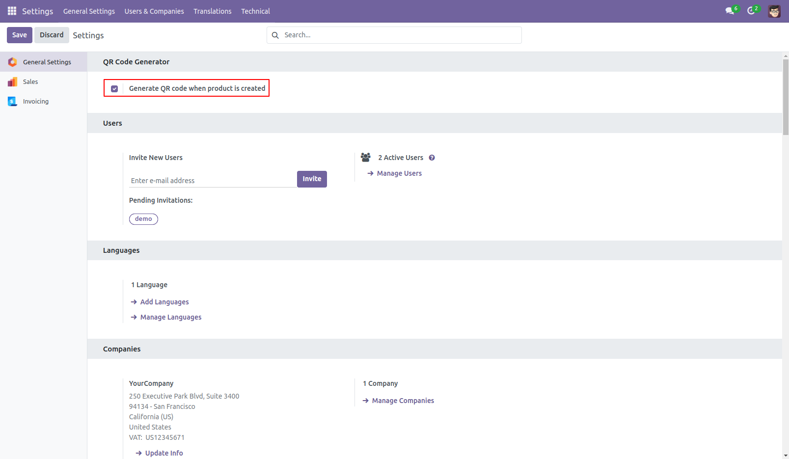 2. General Setting:Tick the 'Generate QR code when product is created' to automatically generate QR code when new product is created