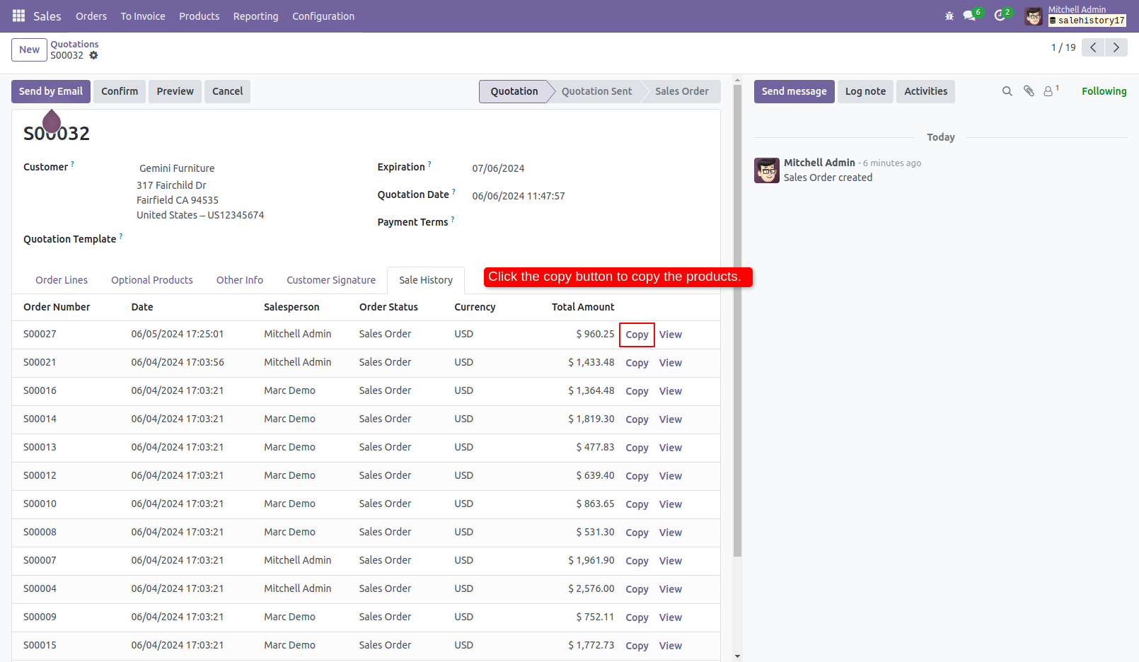 2. Click the copy button to add the products of past sale order to the current one.