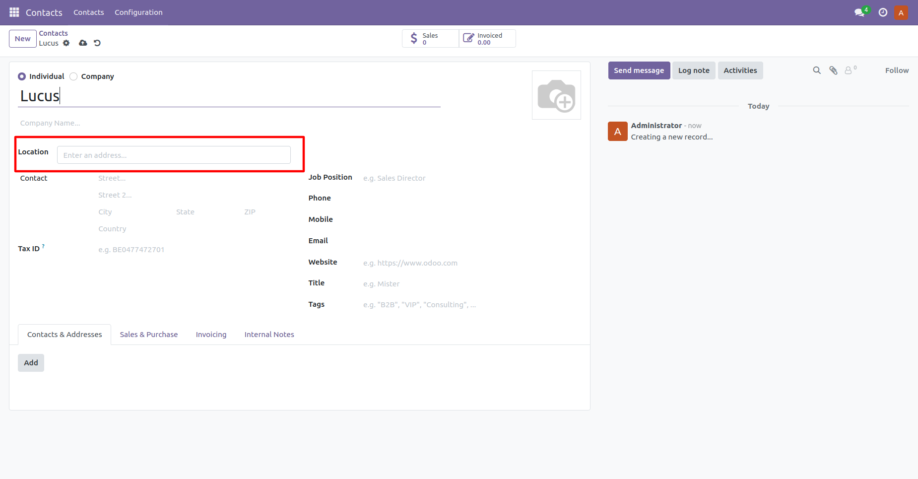 see "Location" field in the form view of Contact module | Odoo App
