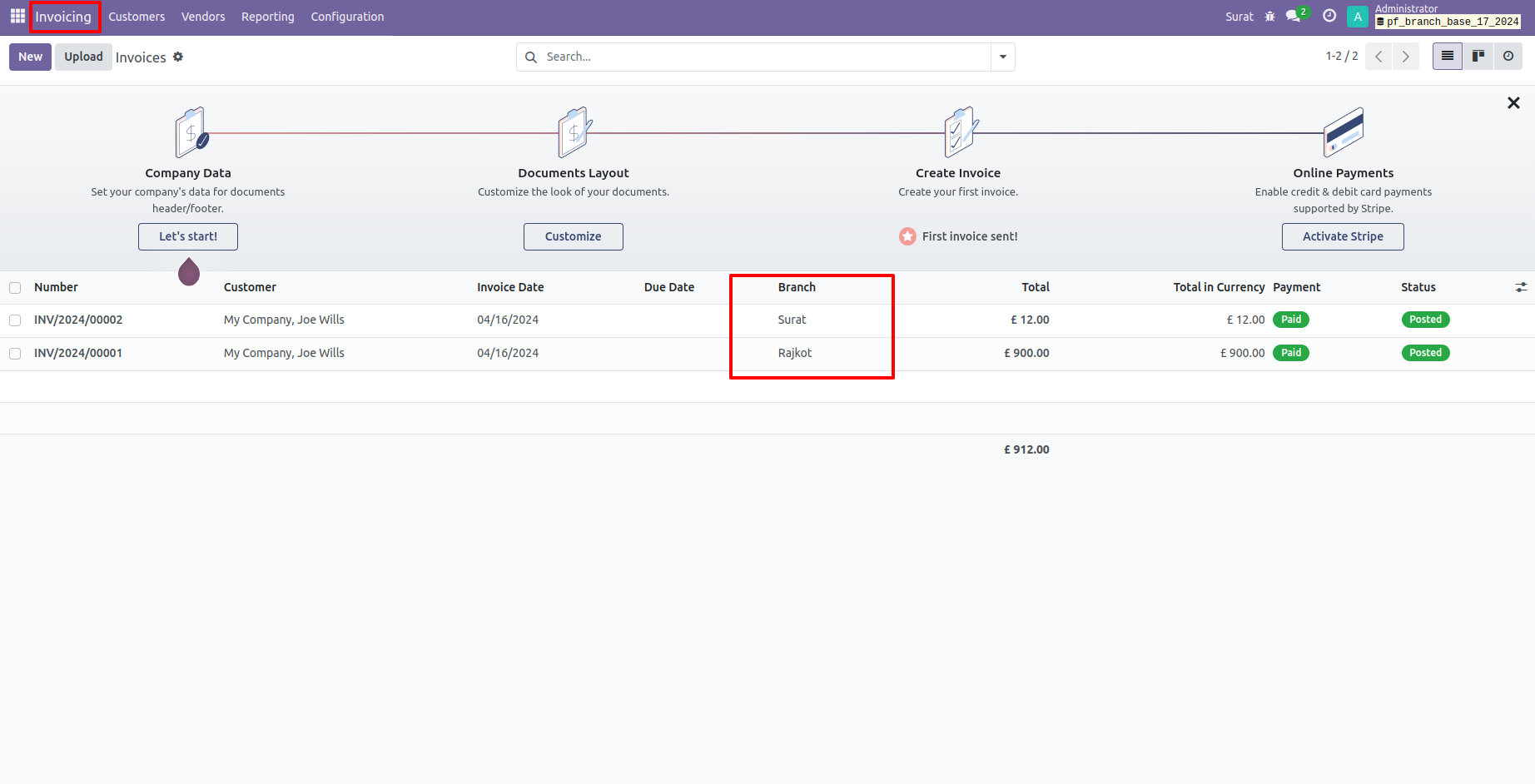 26. Activated branch invoice is shown 