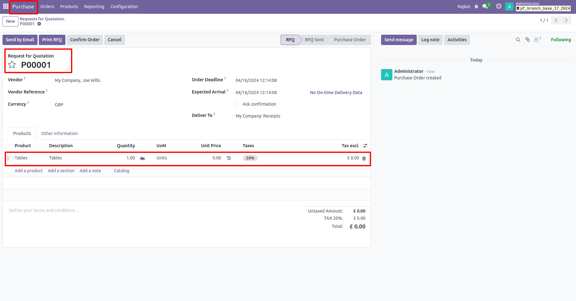 27. create Purchase Order with Active Branch. 