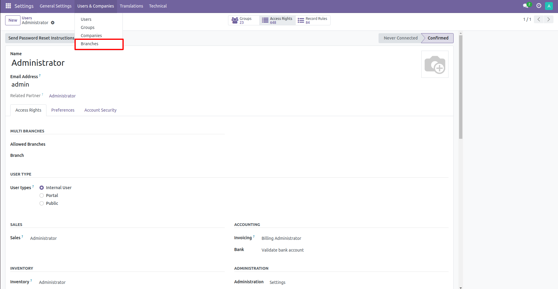 3. Click on Branches Menu