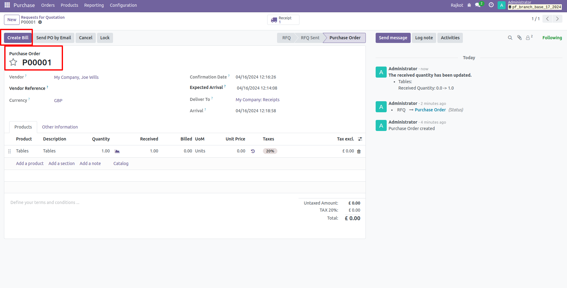 30. Click On Create Bill for Purchase Order. 