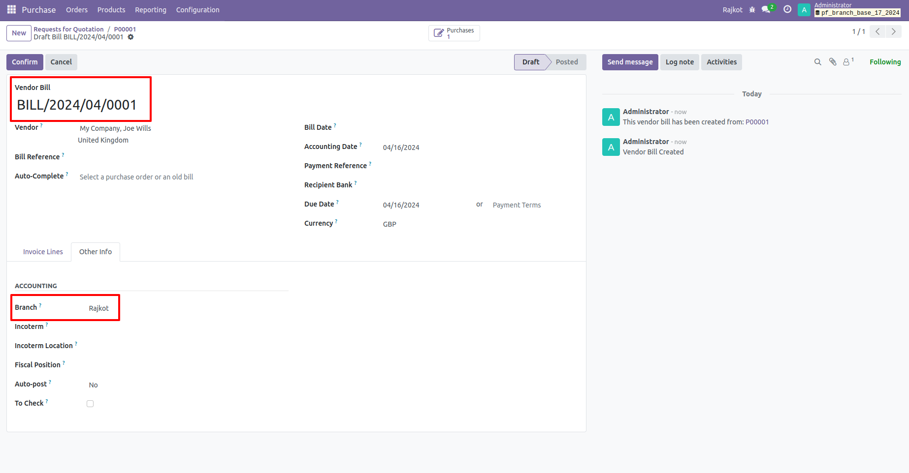 31. Vendor Bill Created With Same Purchase Order Branch. 