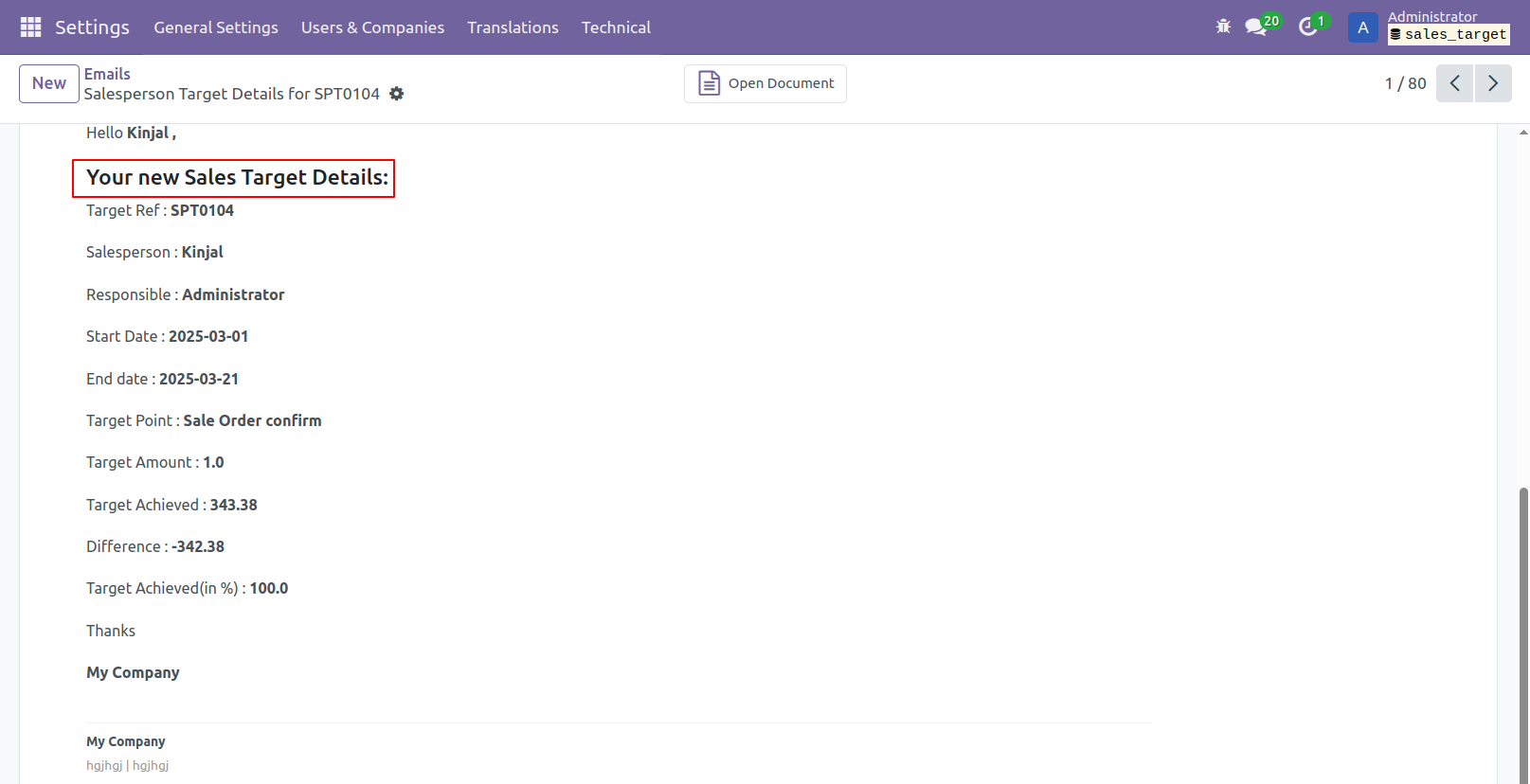 4. Once Manage confirm the Sales Target. Salesperson get the email notification.After Sales Target confirmation, all fields values are readonly.