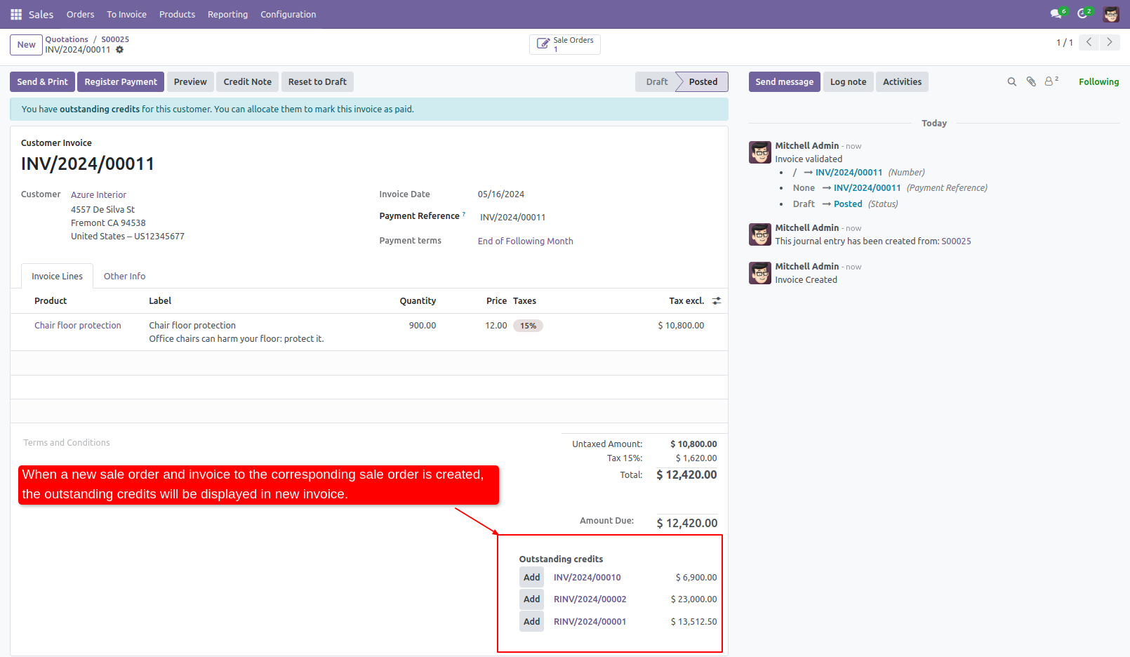 4. The outstanding credits of the corresponding customer will be displayed in the invoice.