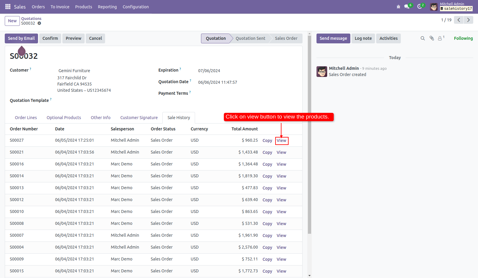 4. Click on view button to view the products of past sale order.