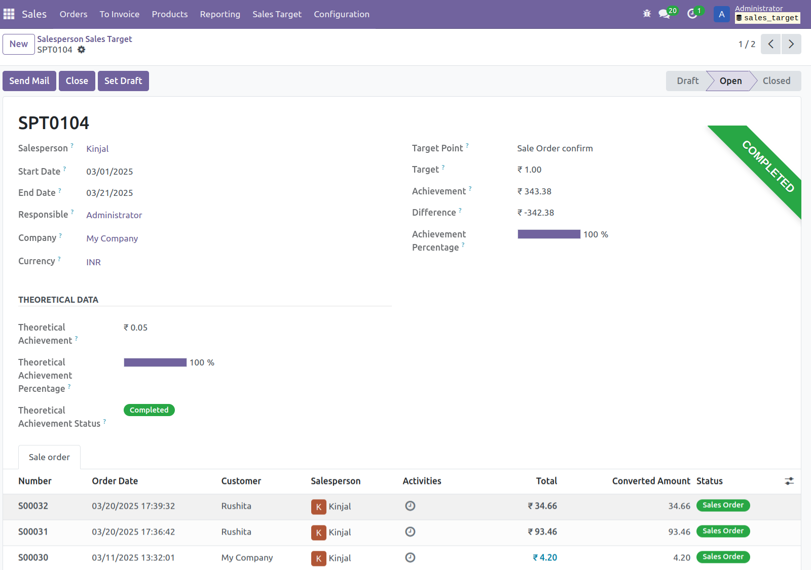 5. Target Point : Sale Order Confirm, Once Salesperson confirm any Quotation(Sales Order) between sales target start date and end date,it will automatically reflect in Sales Target record..