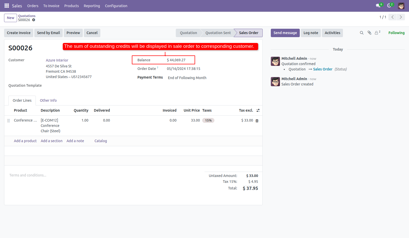 5. In the sale order, there will be balance field displayed wherein the sum of all the outstanding credits will be displayed.