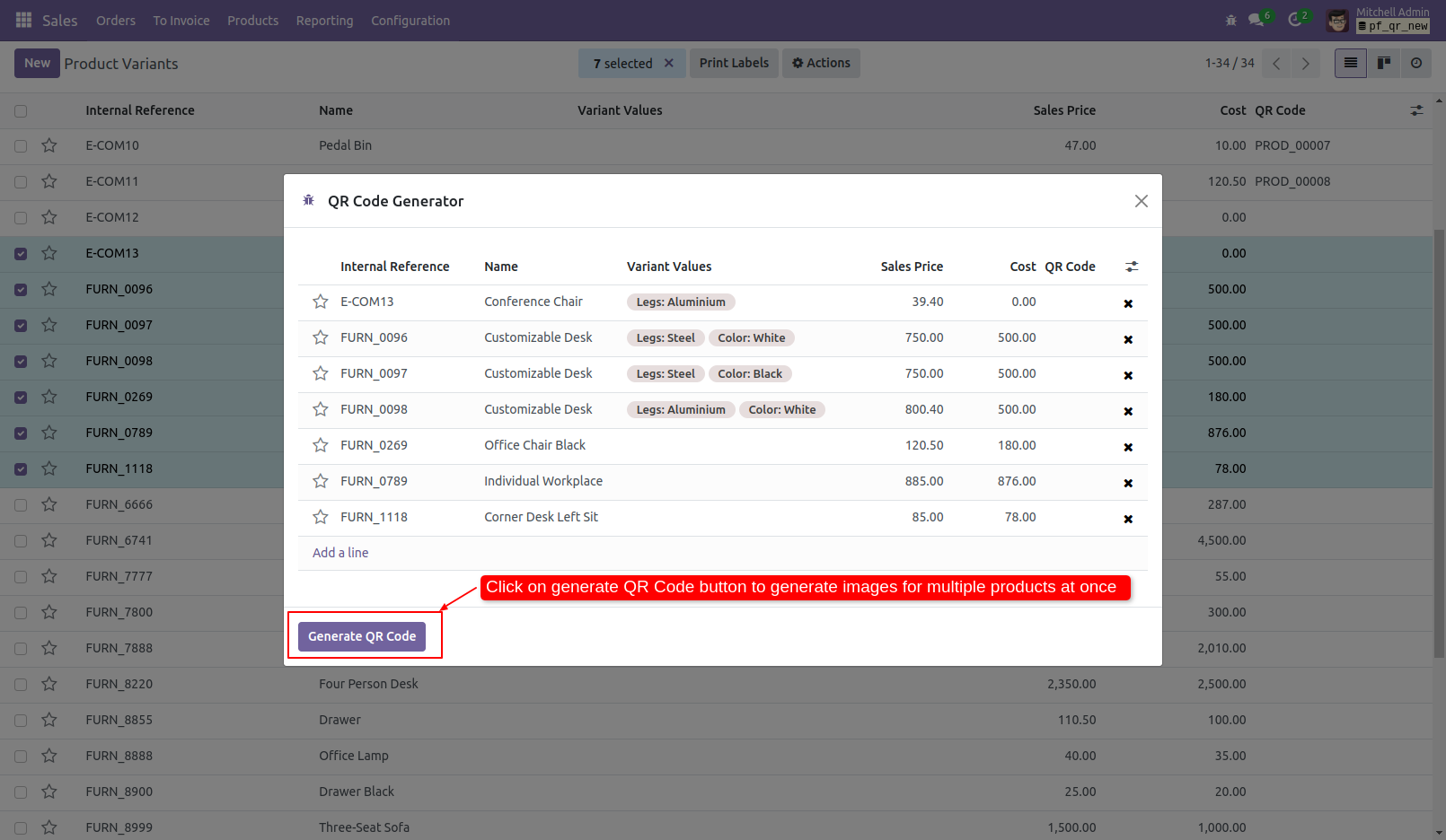 5. Click on 'Generate QR Code' button to generate sequence and QR image manually for existing products.