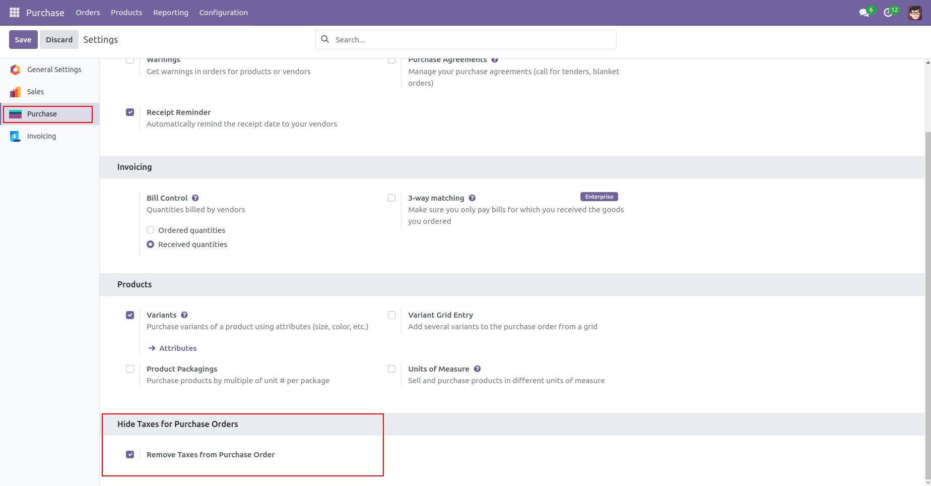 5. Inside Purchase Configuration Settings, set "Remove Taxes from Purchase Order" to True. This will set the default "Remove Taxes" to True inside all Purchase Orders / Requests.