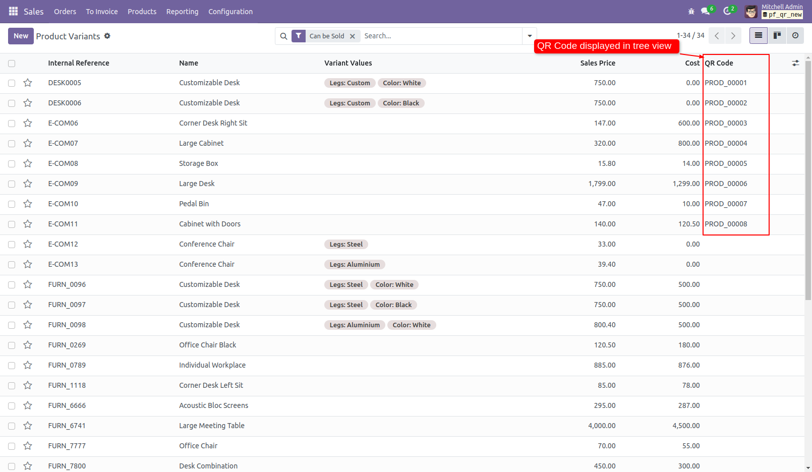 6. The QR sequence can also be viewed in tree view of product variants.