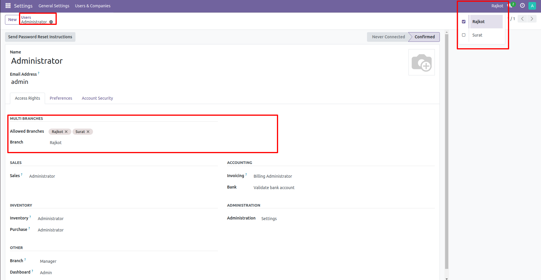 6. The Main Navbar displays the User Allowed Branches. 