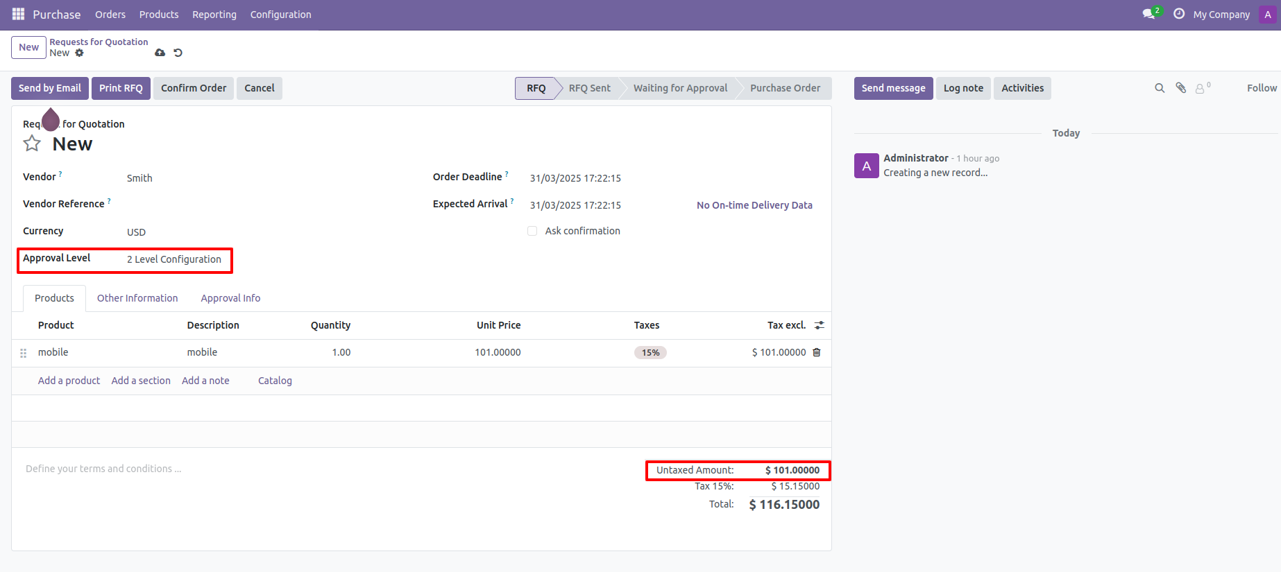 6. User submits RFQ for approval by pressing the Confirm-Order button. so that RFQ will automatically set the Waiting for Approval stage. Auto fetch Approval Level based on configured approvals setup and minimum limit.