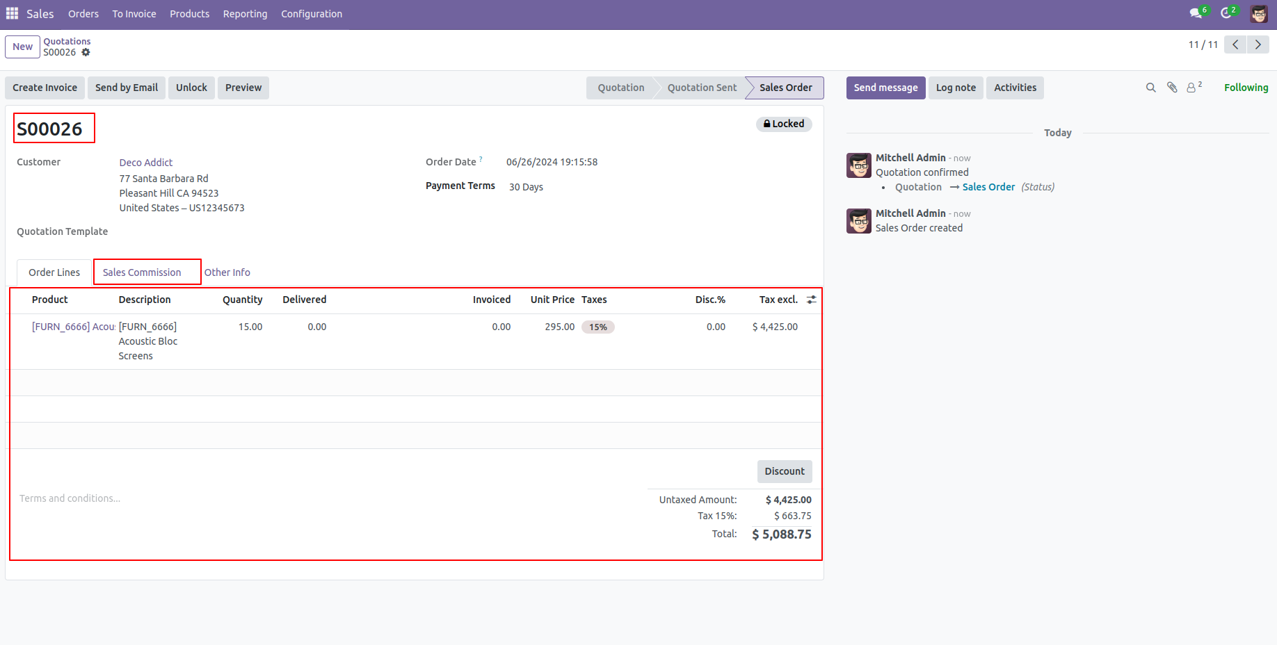 8.Create Sale Order Once Confirm generated Sales Commision shown In "Sales Commision" Tab. 