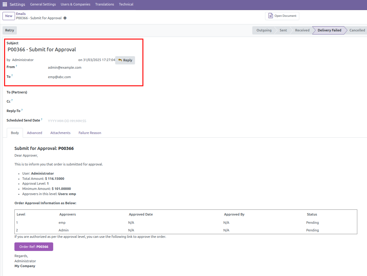 8. Email notification sent to approvers for approval RFQ.