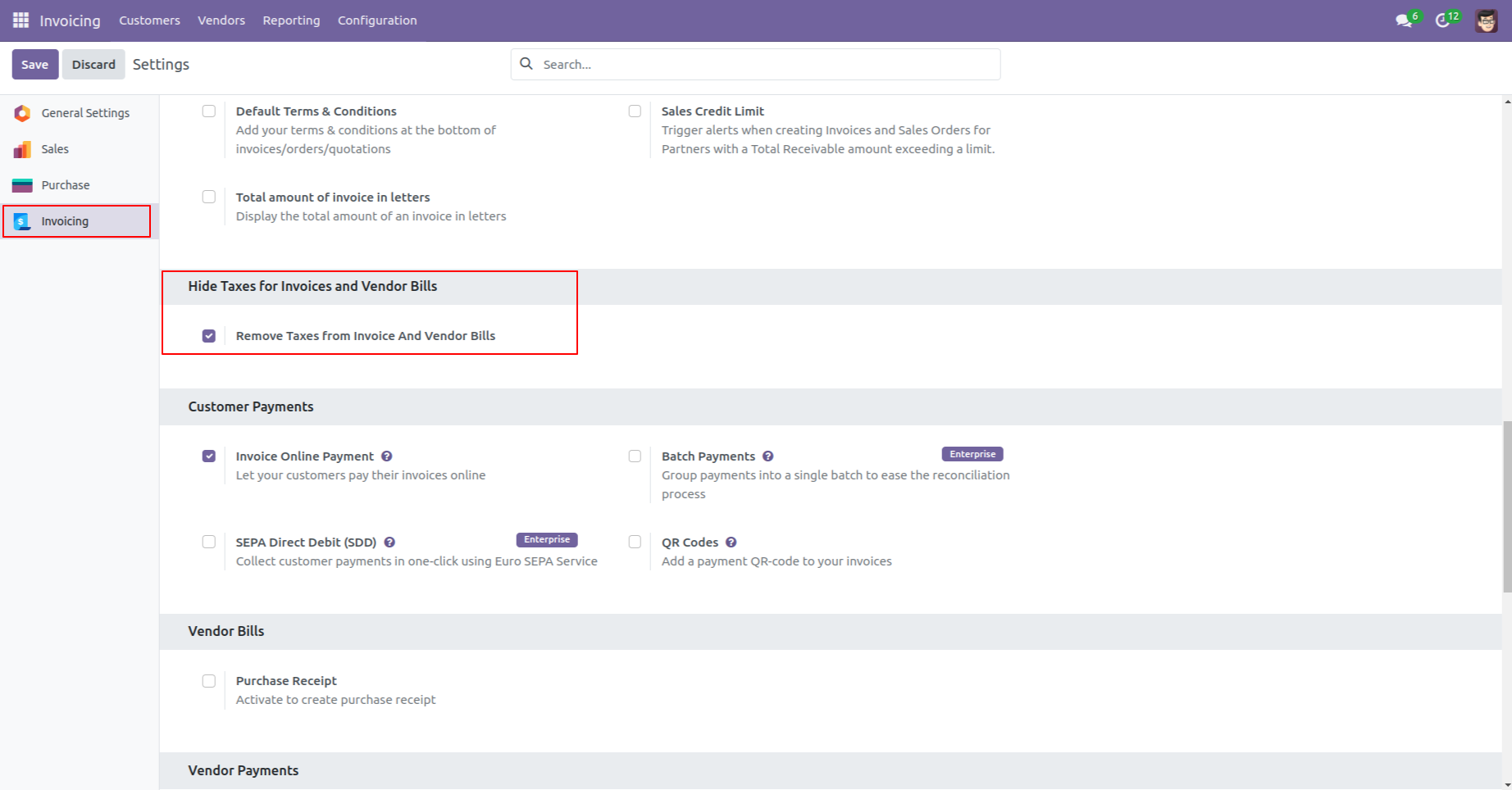 9. Inside Invoice Configuration Settings, set "Remove Taxes from Customer Invoice & Vendor Bills" to True. This will set the default "Remove Taxes Invoice/Bills" to True inside all Customer Invoices / Vendor Bills.