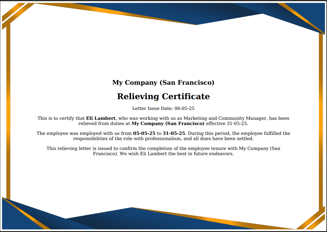 10. Relieving Certificate.