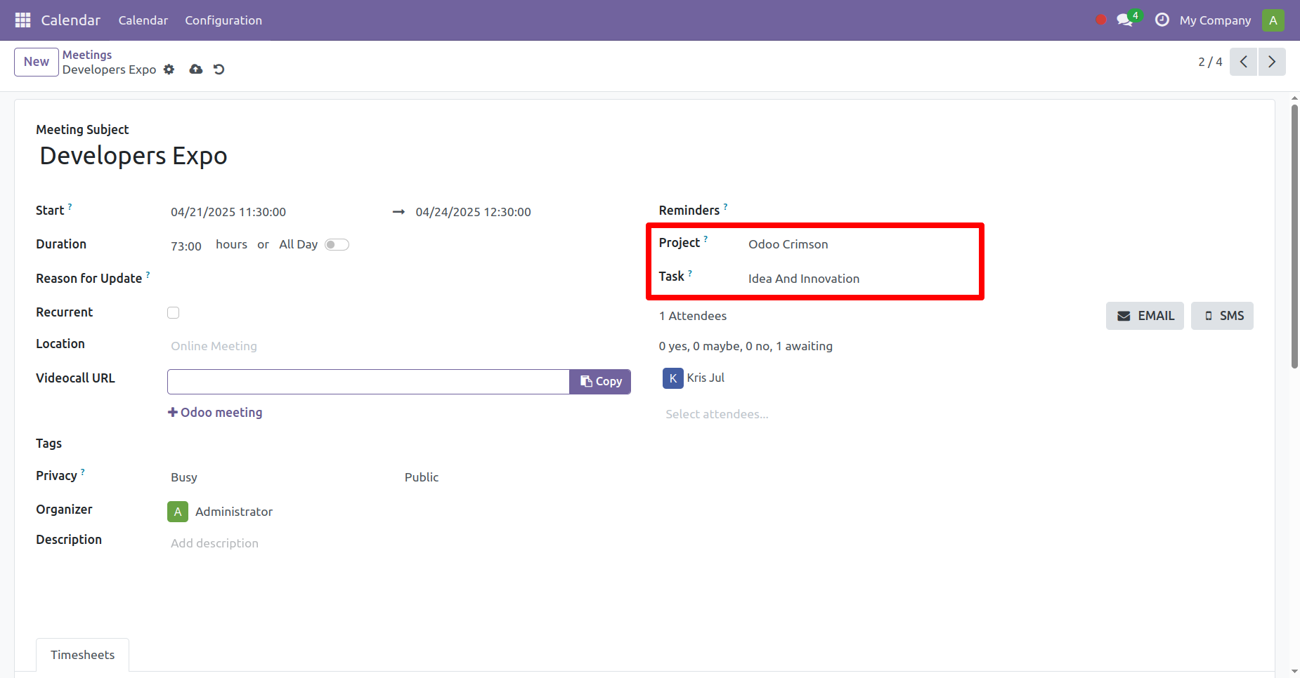 2. While creating the event add details like Project and Task that is related to the event. Which in turn might create project and task which might me acessible from Timesheets App. 