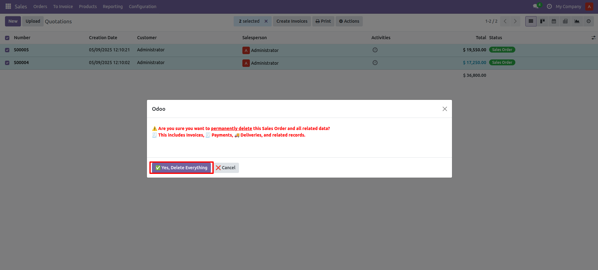 2. Click on Yes, Delete Everything to completely remove the selected Sales Order(s). 