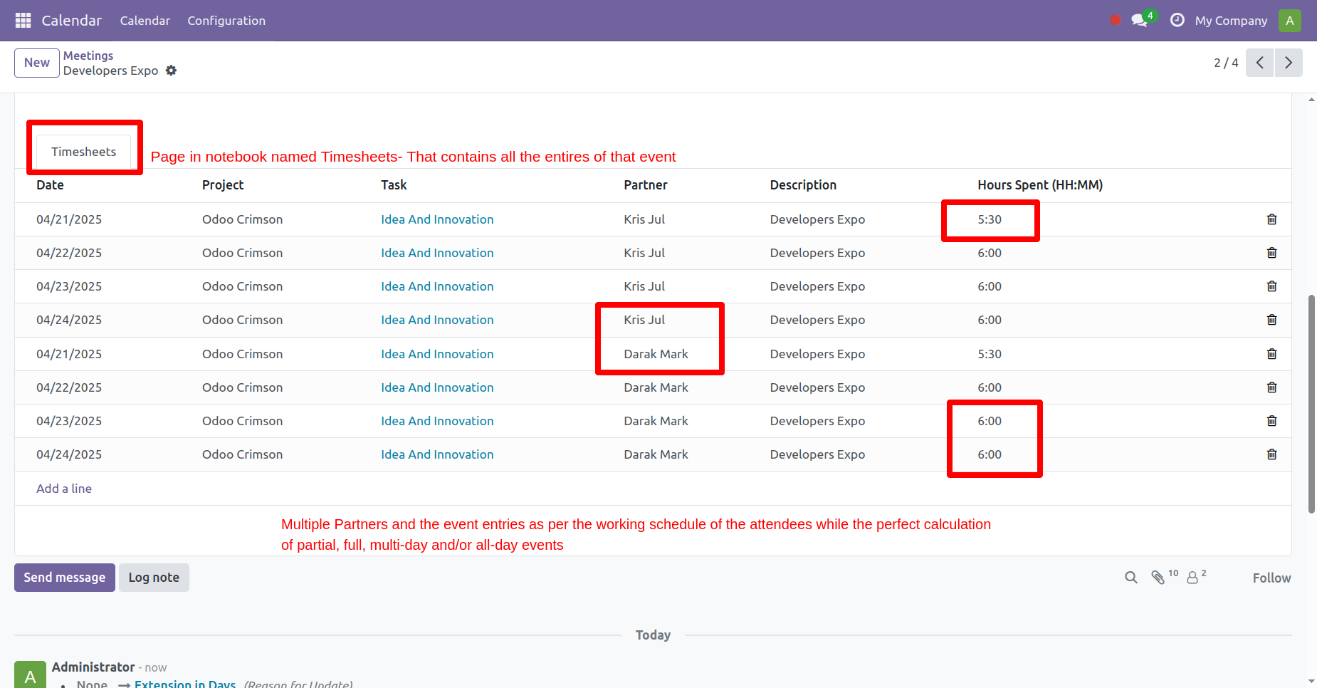 4. The notebook page Timesheets in Calendar Form View will show the entries of event days as per days, time and working schedule of particular attendees. 