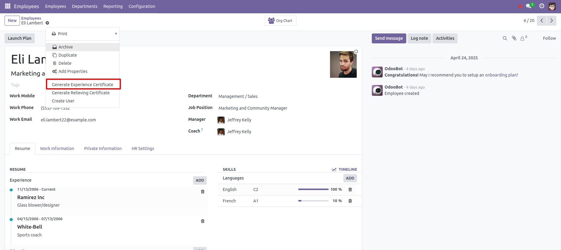 4. User can print dynamic employee experience report under 'Action'.