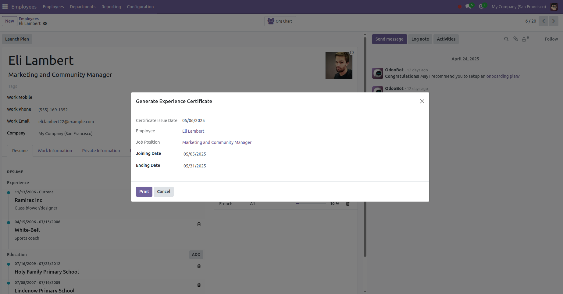 5. User have to enter joining date and ending date for experience letter and click on 'Print' button.