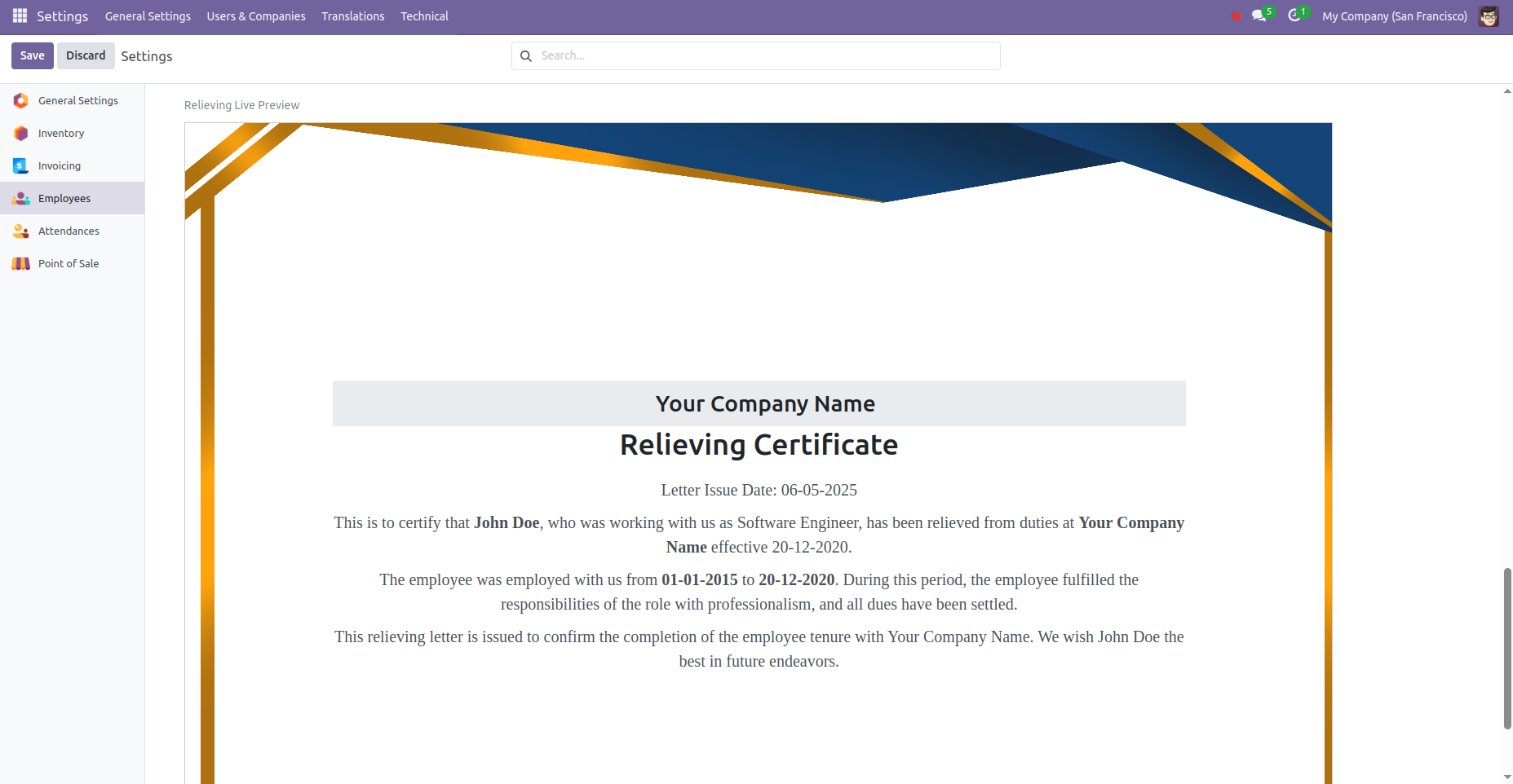 8. Live Preview of Relieving Certificate.