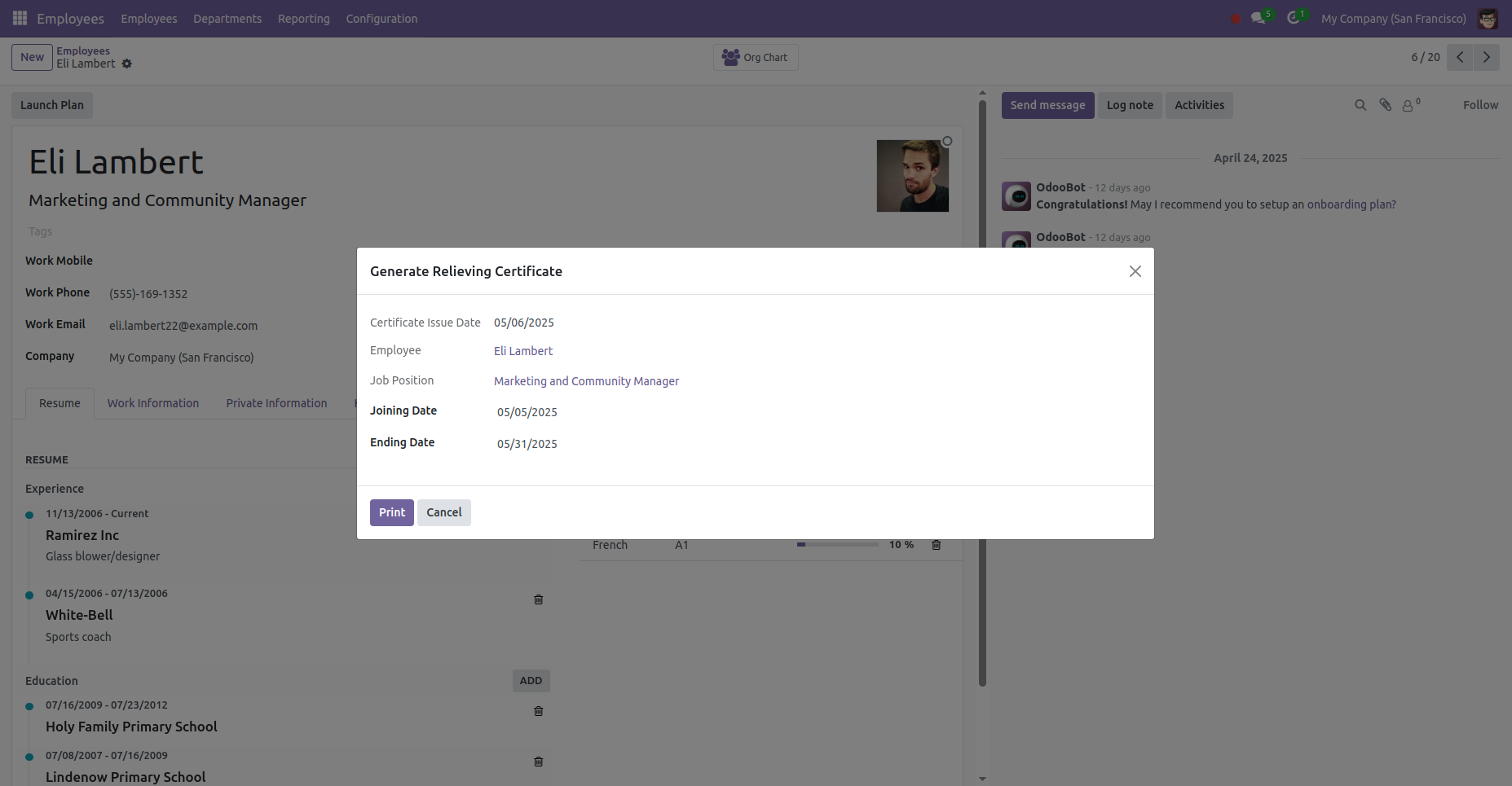 9. Wizard to generate relieving certificate for employee.