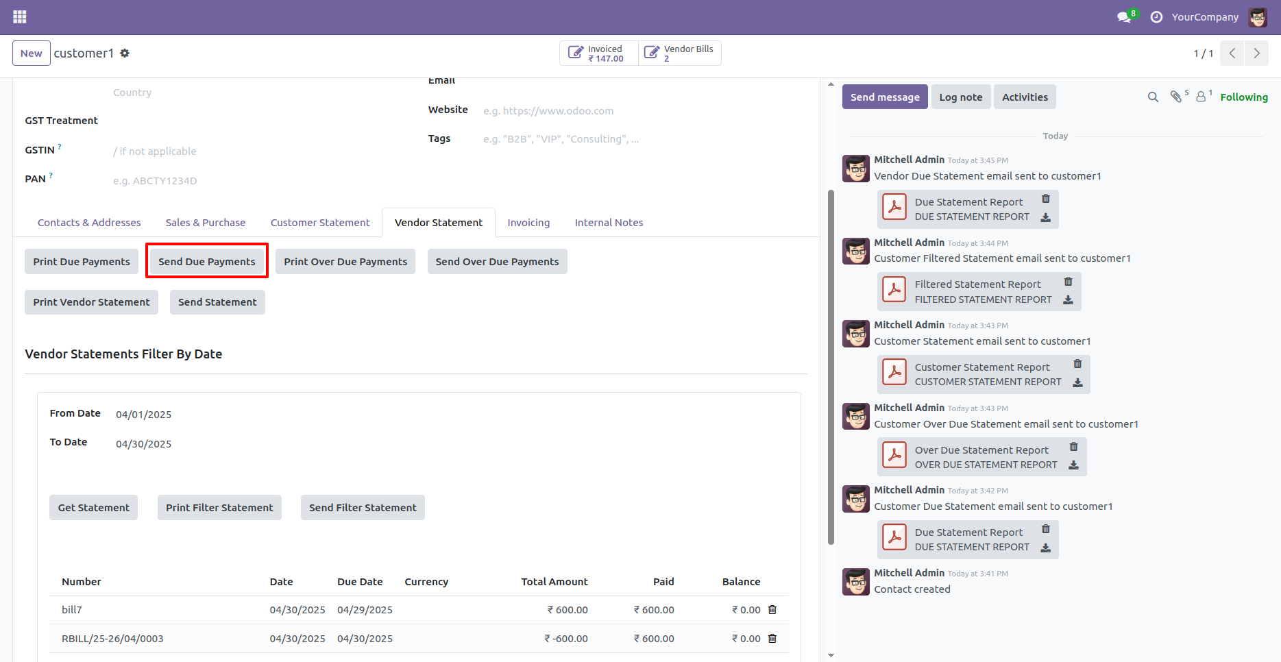Customer & Vendor Due/Overdue Statement in Odoo