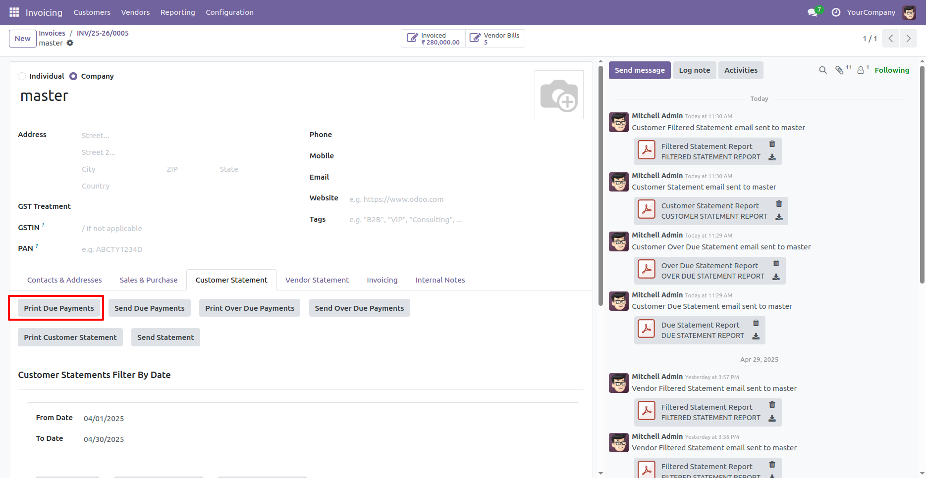 Customer & Vendor Due/Overdue Statement in Odoo