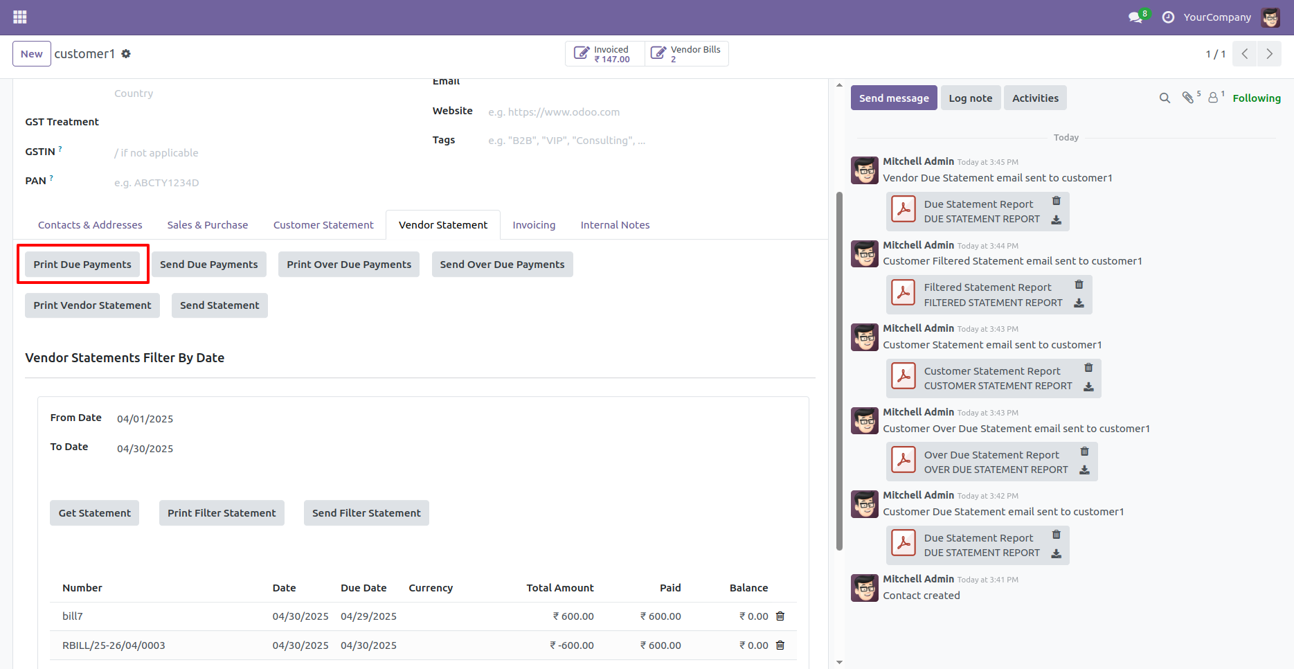 Customer & Vendor Due/Overdue Statement in Odoo