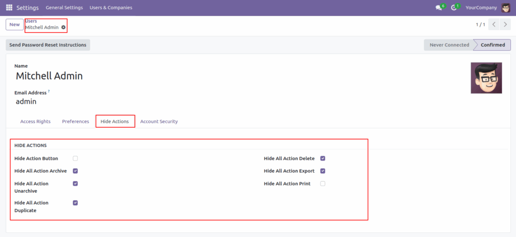 Hide Action Button in Odoo App
