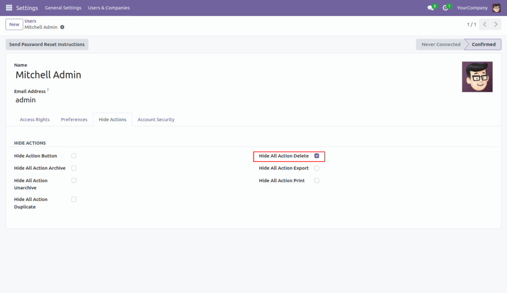 Hide Action Button in Odoo App