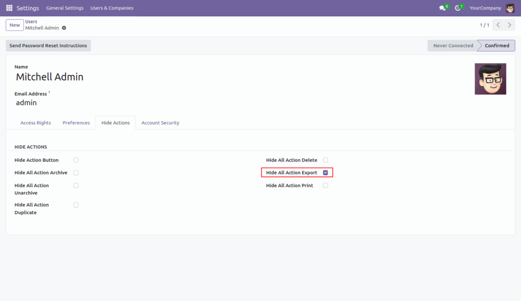 Hide Action Button in Odoo App